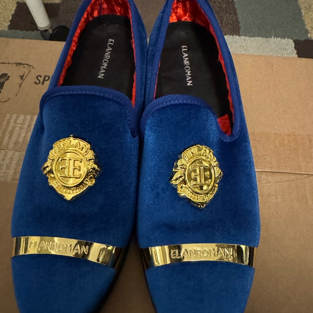 Luxe Fashionz Blue Velvet Loafers with Gold Accents